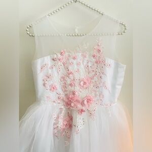 Flower Girl Party Dress Pink Roses Pearls Rhinestones Layers of Tulle Sz 14